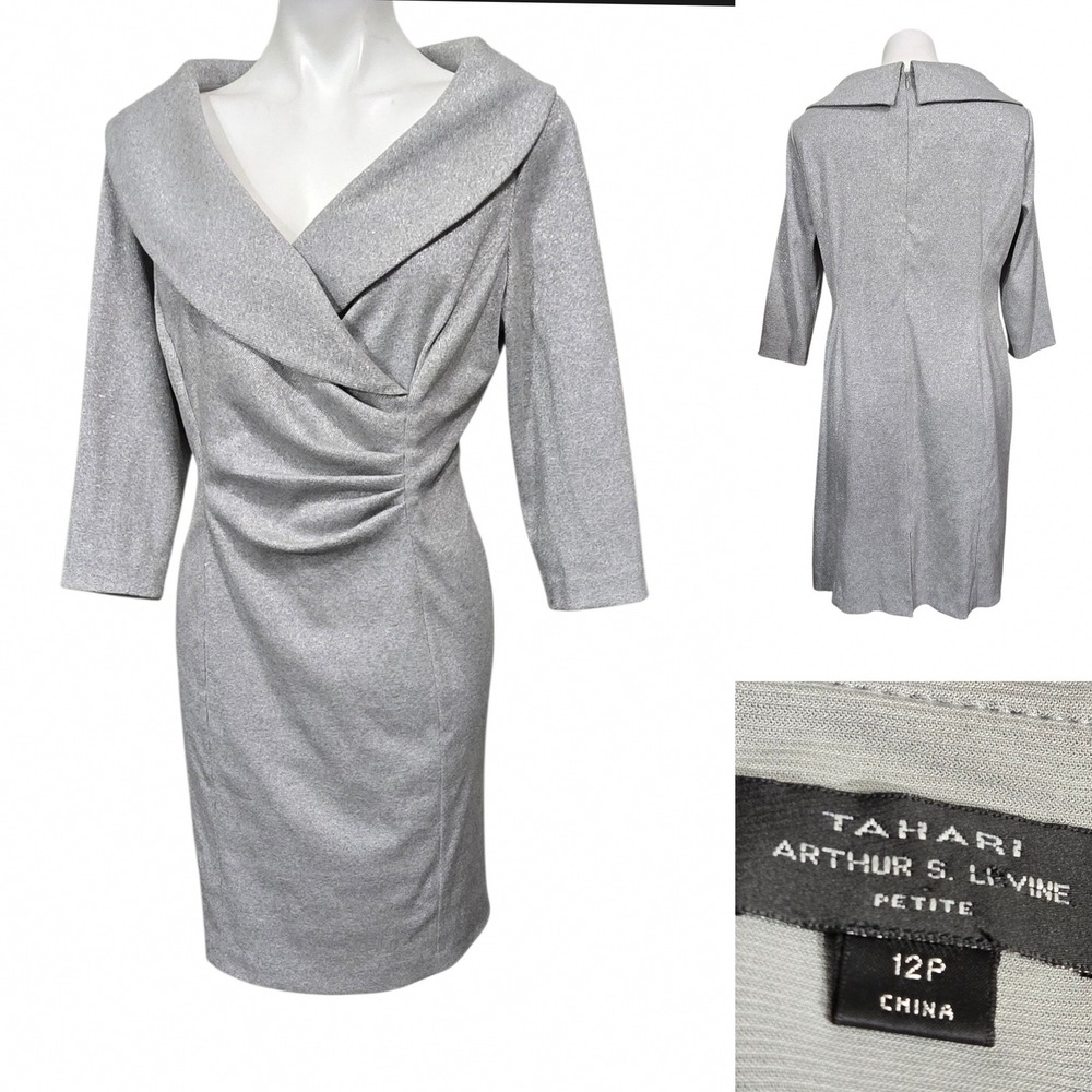 Tahari Arthur S. Levine Silver Metallic Portrait Collar Sheath Dress 12P